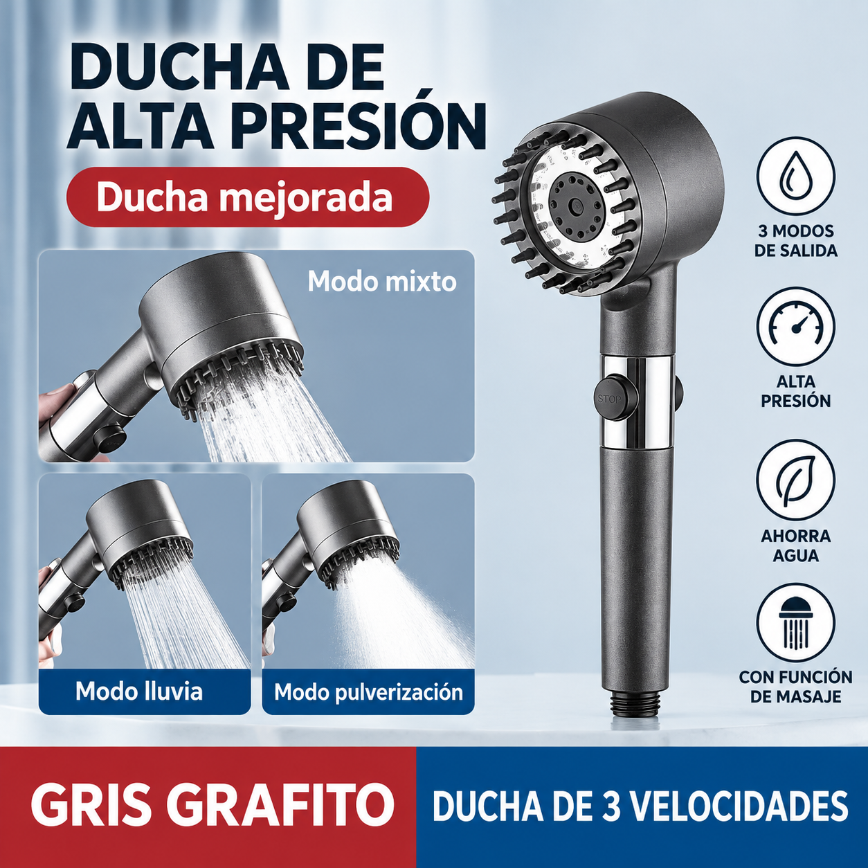 Cabezal de Ducha de Alta Presión 3 en 1 con Filtro y Masajeador